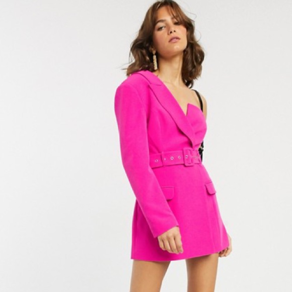 Asymmetric belted mini blazer dress